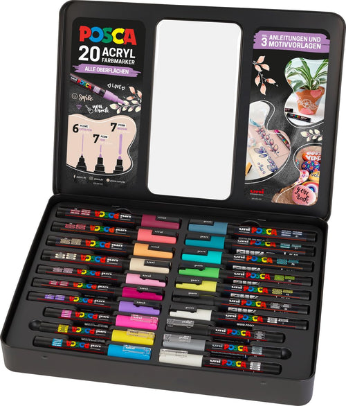 POSCA Marker Set 186829, 20 Acrylmarker im Metallkoffer mit drei Spitzenarten