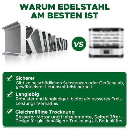Kwasyo Dörrautomat Edelstahl, 8 Etagen mit 6er Dörrfolie, Rezeptbuch, BPA-frei, 30–90 ℃ Temperatureinstellung, max. 24 Stunden, Dörrautomat für Gemüse, Fleisch, Obst