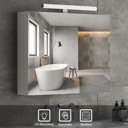 DICTAC Spiegelschrank Bad – LED Steckdose 3 Türen Weiss 70x60cm