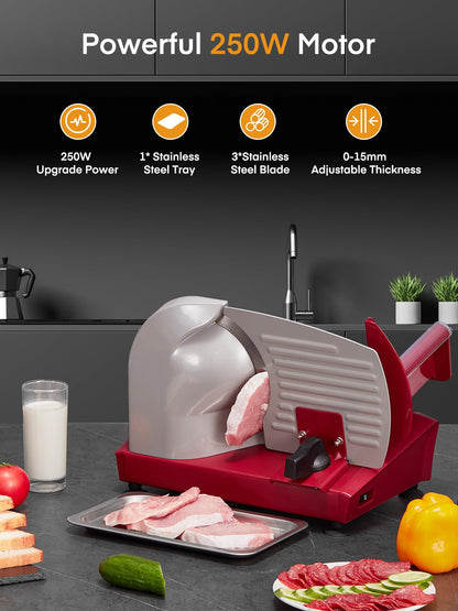 FOHERE Allesschneider 250 W mit 3 Edelstahlklingen, 0–15 mm, Rot