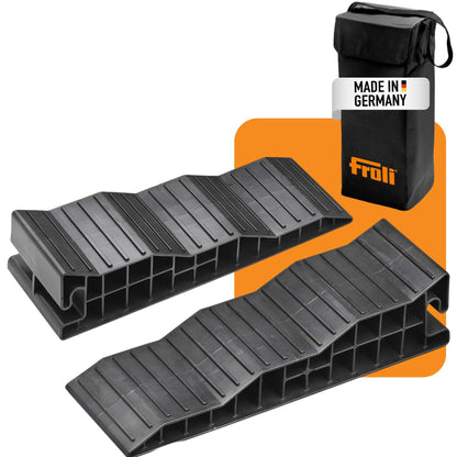 Froli Stufenkeil 2er Set – Auffahrkeile 45/75/105 mm für Wohnmobil, zwei Keile mit Transporttasche