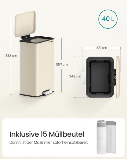 SONGMICS Tretmülleimer 40 Liter aus Stahl mit Softclose, sandbeige