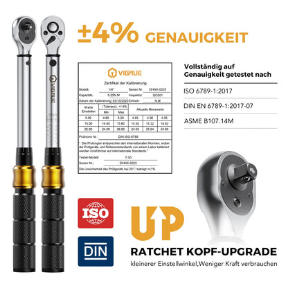 VIGRUE Drehmomentschlüssel 1/4 Zoll 5-25 Nm Set, ±4% Genauigkeit