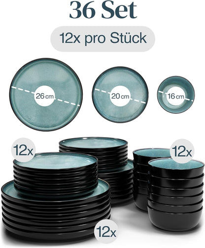 Pure Living Ibiza Steingut Geschirrset 12 Personen Petrol