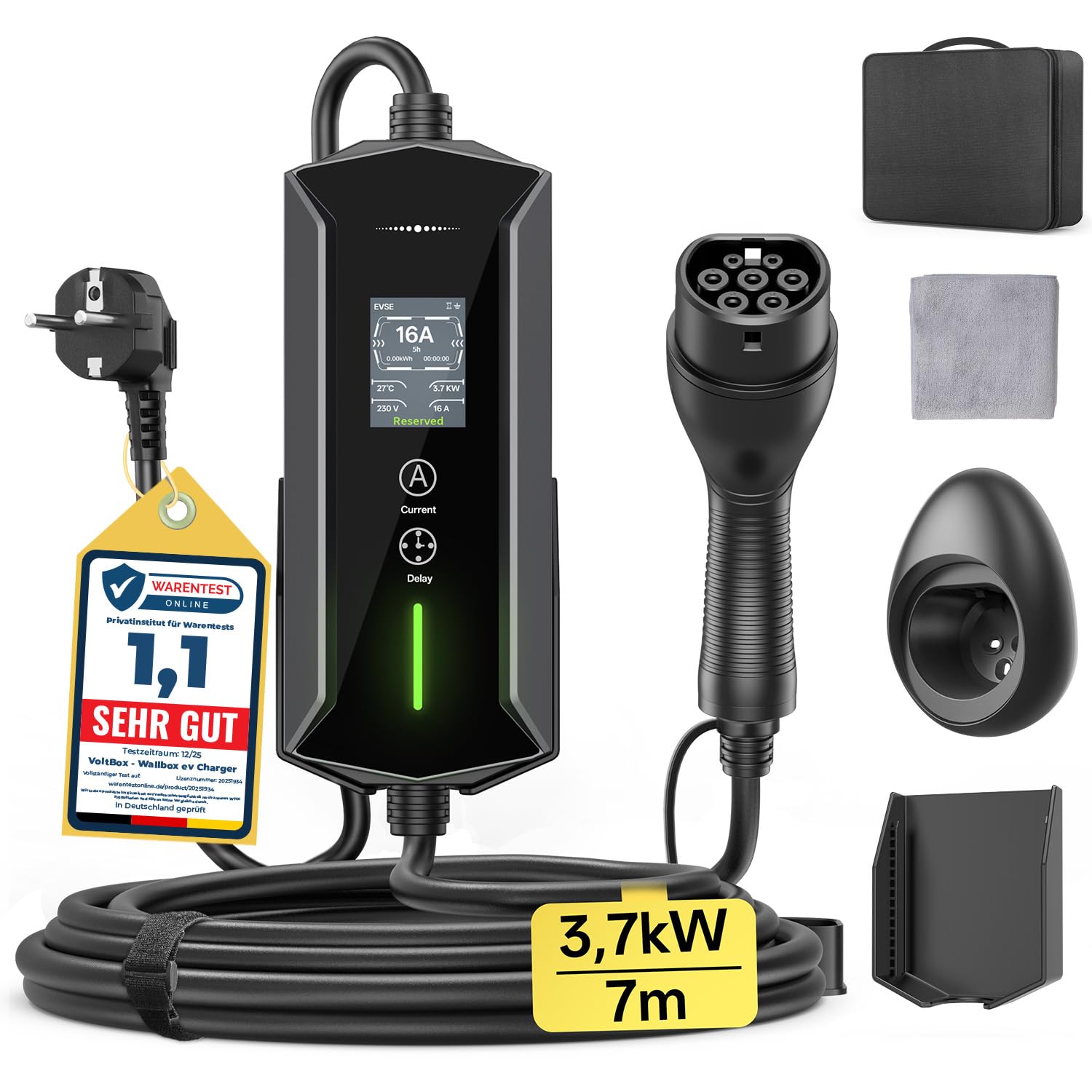VoltBox Typ 2 Ladekabel Schuko 3,7 kW, 7 m, EV-Ladegerät mit LCD – mit Typ-2-Stecker und Schuko-Anschluss