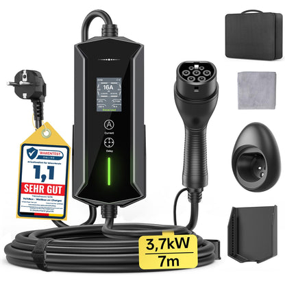 VoltBox Typ 2 Ladekabel Schuko 3,7 kW, 7 m, EV-Ladegerät mit LCD – mit Typ-2-Stecker und Schuko-Anschluss