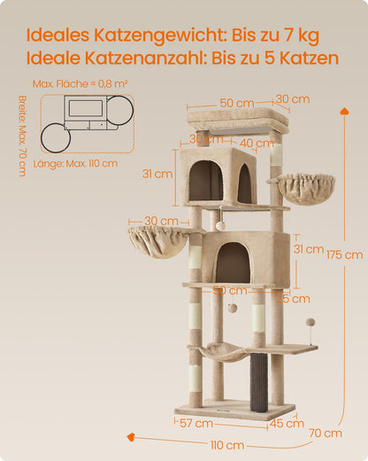 Feandrea Katzenbaum XL 175cm mit Höhlen – Kamelbraun PCT182K01