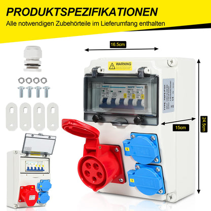 Sonnewelt Wandverteiler Stromverteiler 5-polig 2xSchuko CEE 16A Aussen