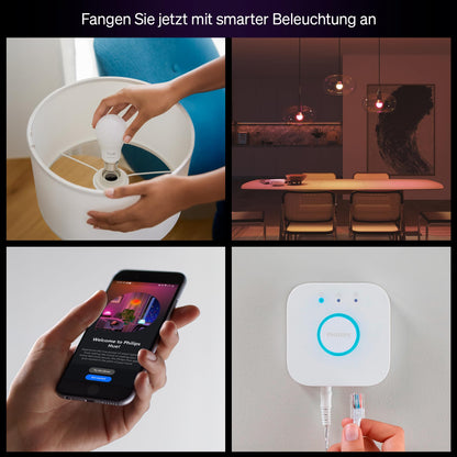 Philips Hue Essential Starter-Set: Bridge + 4 E27 LED Leuchtmittel
