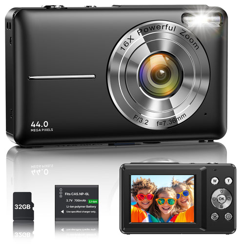 IXNAIQY Digitalkamera 44MP 1080P Kompaktkamera für Kinder, schwarz, mit 2,4-Zoll-Bildschirm