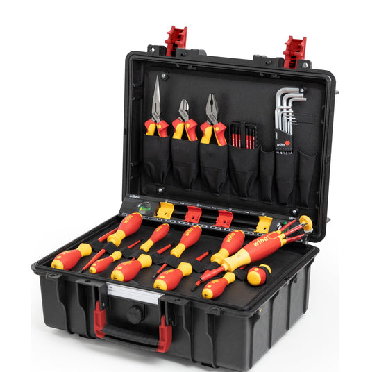 Wiha Lehrlingskoffer Elektroinstallation 38-tlg. VDE (45257). Schwarzer Koffer mit 38 VDE-isolierten Werkzeugen zur Elektroinstallation.