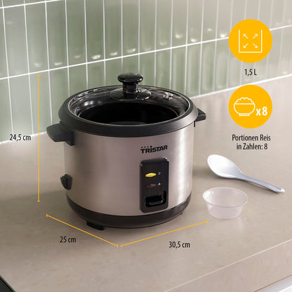 Tristar RK-6145 Reiskocher mit Dampfgaraufsatz, 1,5 L, Edelstahl