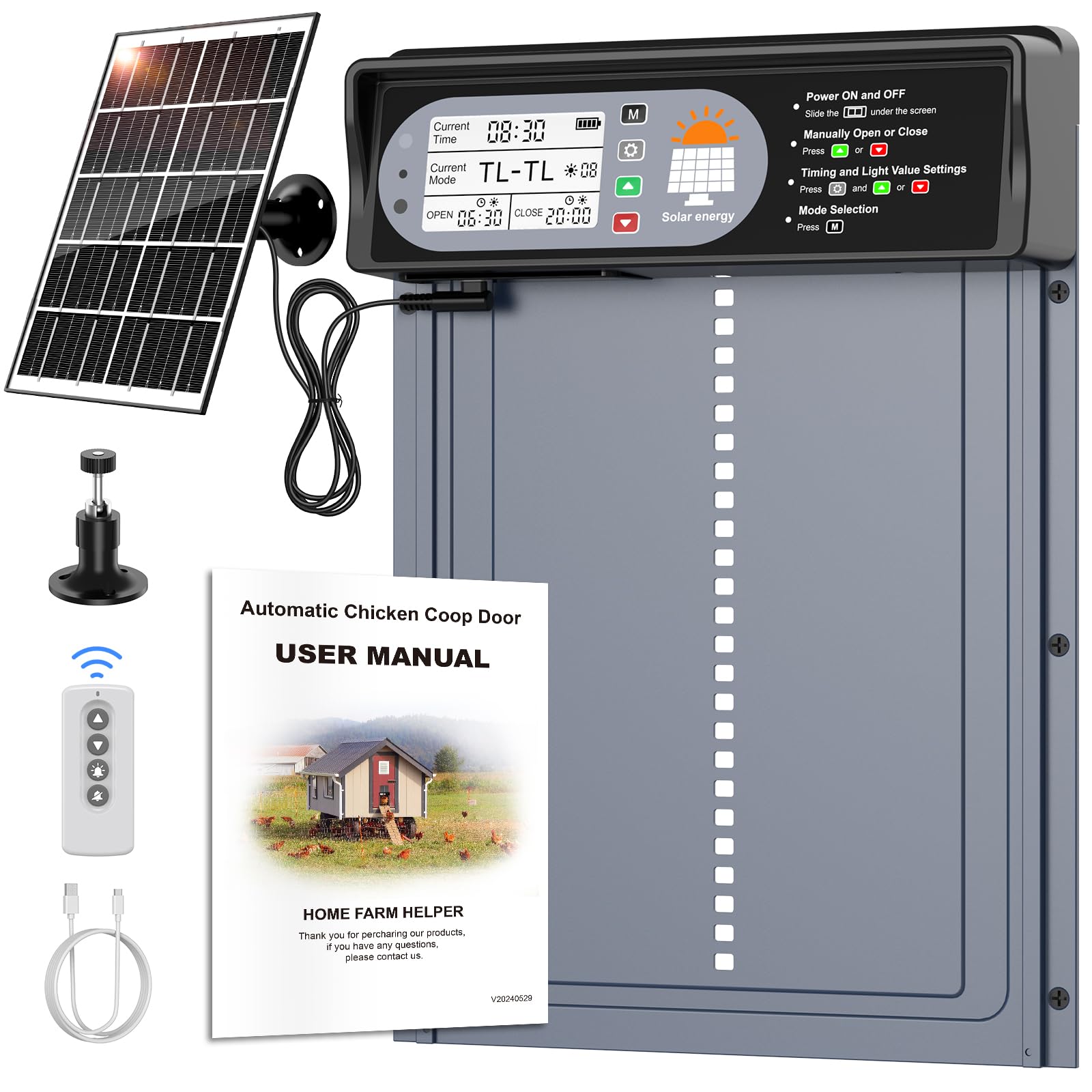 CHAMUTY Solar Hühnerklappe Automatisch - Grau Aluminium. Automatische, solarbetriebene Steuerung des Hühnerstallzugangs.