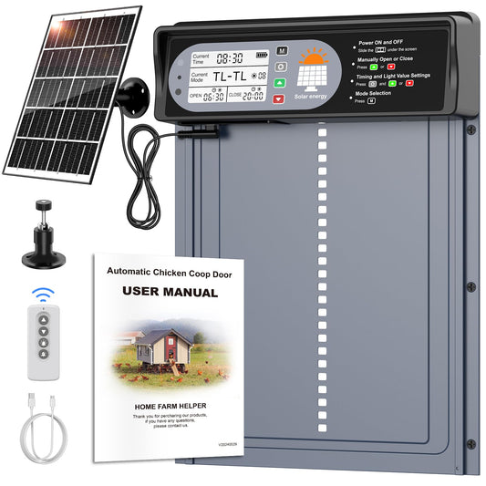 CHAMUTY Solar Hühnerklappe Automatisch - Grau Aluminium. Automatische, solarbetriebene Steuerung des Hühnerstallzugangs.