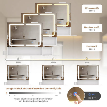 FORABAMB Spiegelschrank mit LED-Beleuchtung, doppeltürig, 60 cm, weiss