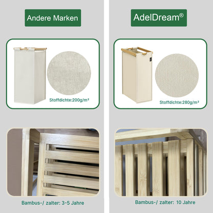 AdelDream Wäschesortierer 150 l mit 3 Fächern, Bambusrahmen, Beige