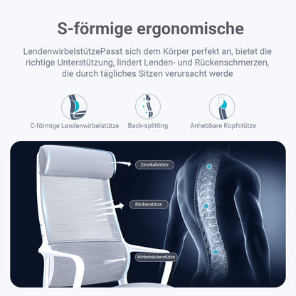 MELOKEA Ergonomischer Bürostuhl 200kg, Mesh, Kopfstütze - Grau