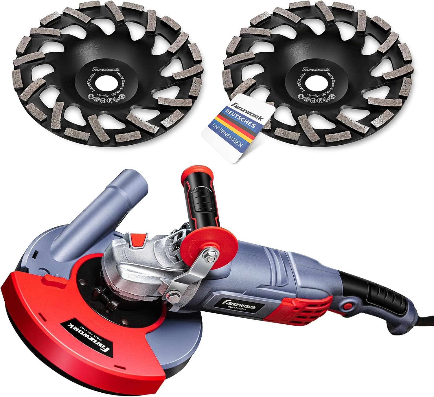 FANZWORK 1750W 180mm Betonschleifer – Komplettset mit Absaugung. Graues Elektrowerkzeug mit Staubschutzhaube zum effektiven Glätten von Beton.