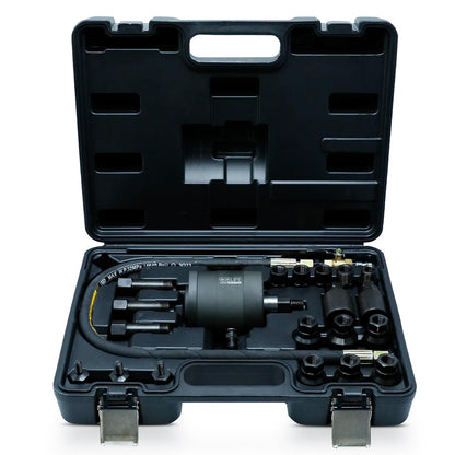 CCLIFE 21tlg Pneumatischer Injektor Abzieher – Diesel Set. Werkzeugsatz aus verschiedenen metallischen Abziehern und Adaptern. Zum schonenden Entfernen festsitzender Diesel-Injektoren mittels Druckluft.