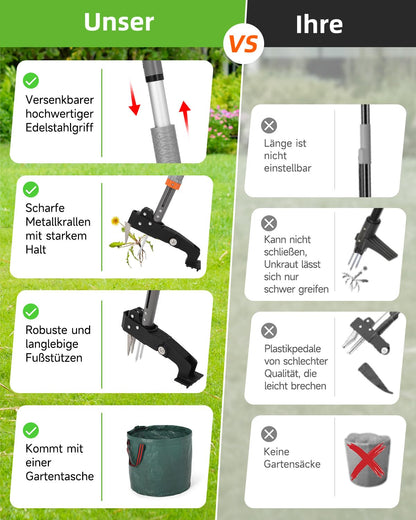HAUSPROFI Unkrautstecher mit Teleskopstiel, 4 Edelstahl-Krallen