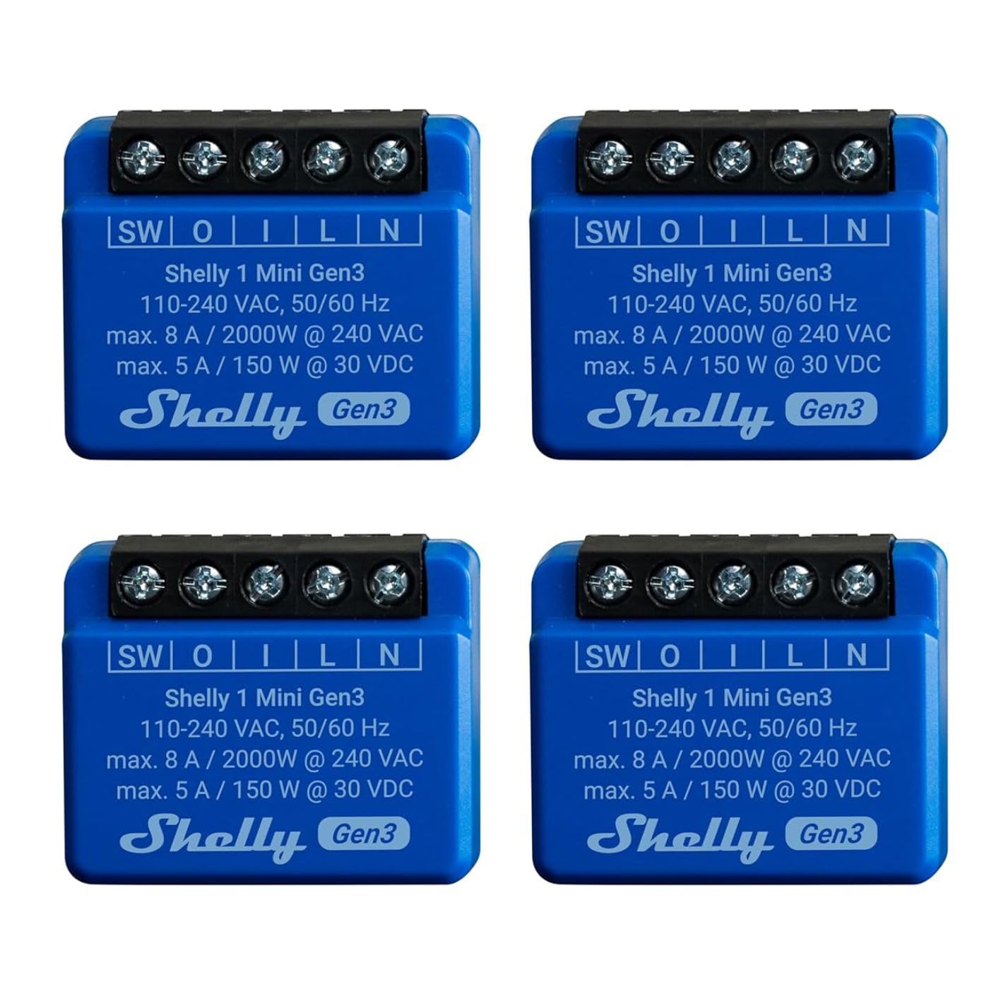 Shelly 1 Mini Gen 3 WLAN Smart Switch Relais 1 Kanal 8A, 4er Pack, kompaktes Relaismodul für Hausautomation