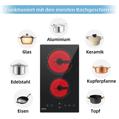 WEHIMO Domino Glaskeramikkochfeld 2 Platten, 3000 W, Touchsteuerung