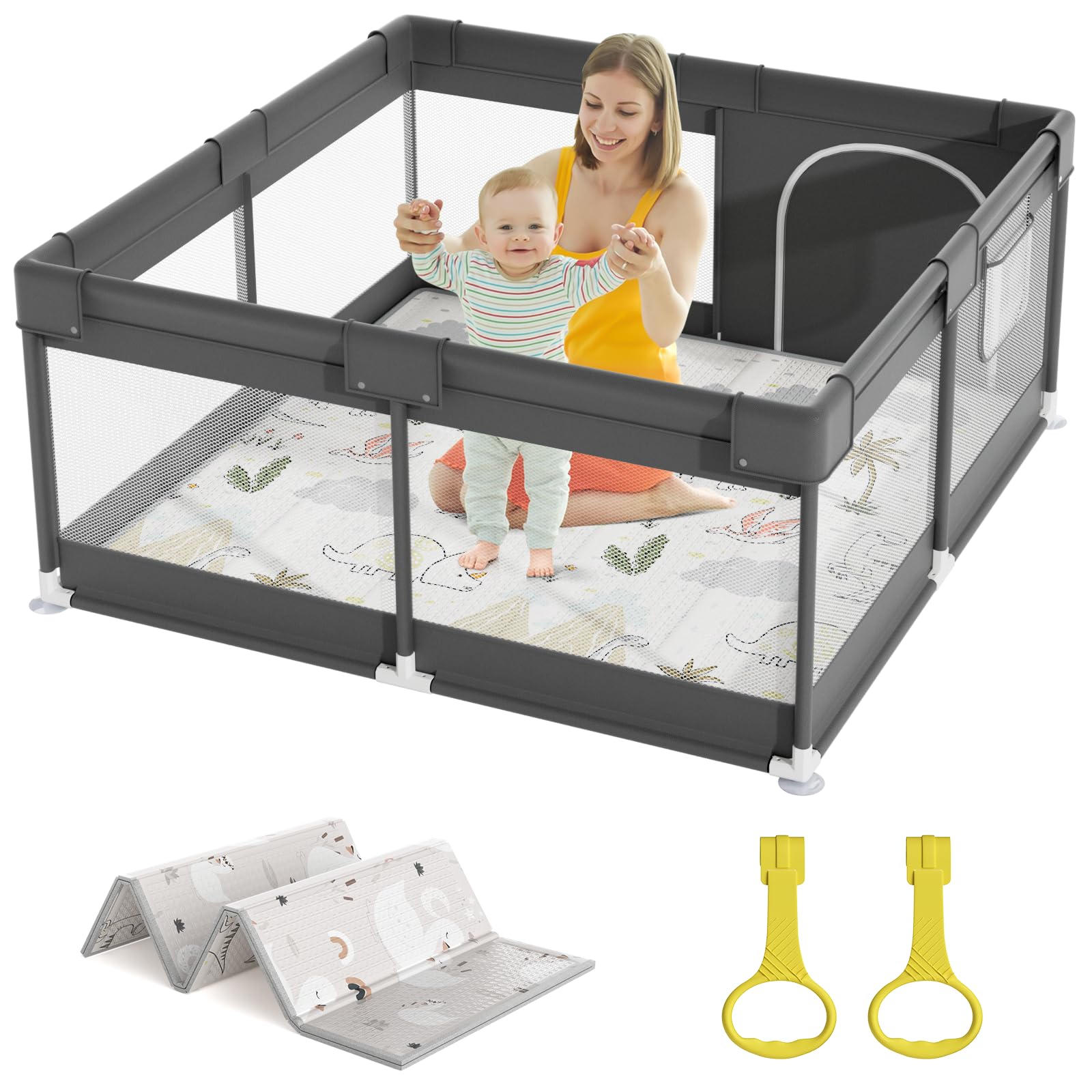 Mloong Laufgitter Baby kompakt 120x120cm – Dunkelgrau. Quadratisch, dunkelgrau. Bietet Babys sicheren Spielraum.