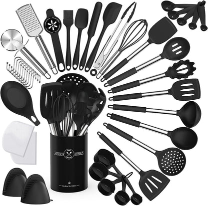 Terlulu Silikon-Kochbesteck-Set, 34-teilig mit Edelstahlgriff, inklusive Utensilienhalter
