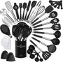 Terlulu Silikon-Kochbesteck-Set, 34-teilig mit Edelstahlgriff, inklusive Utensilienhalter