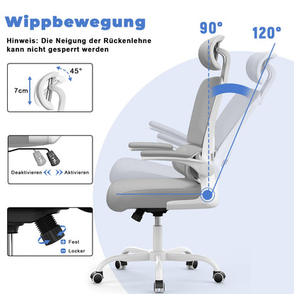 naspaluro Bürostuhl, Ergonomischer Schreibtischstuhl mit Verstellbarer Kopfstütze, Armlehnen, Dynamischer Lordosenstütze, Drehstuhl mit Atmungsaktivem Netzbezug für das Home Office,Grau