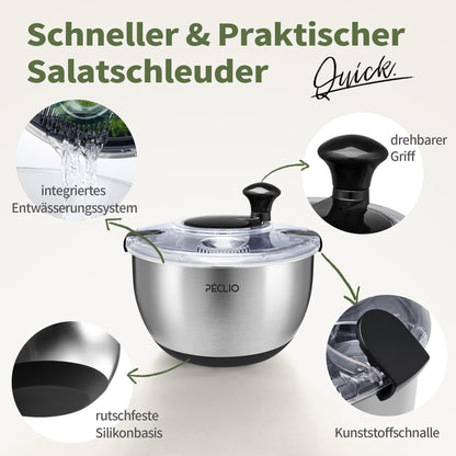 Peclio Salatschleuder Edelstahl 4,5 L mit Kurbelantrieb, Schwarz