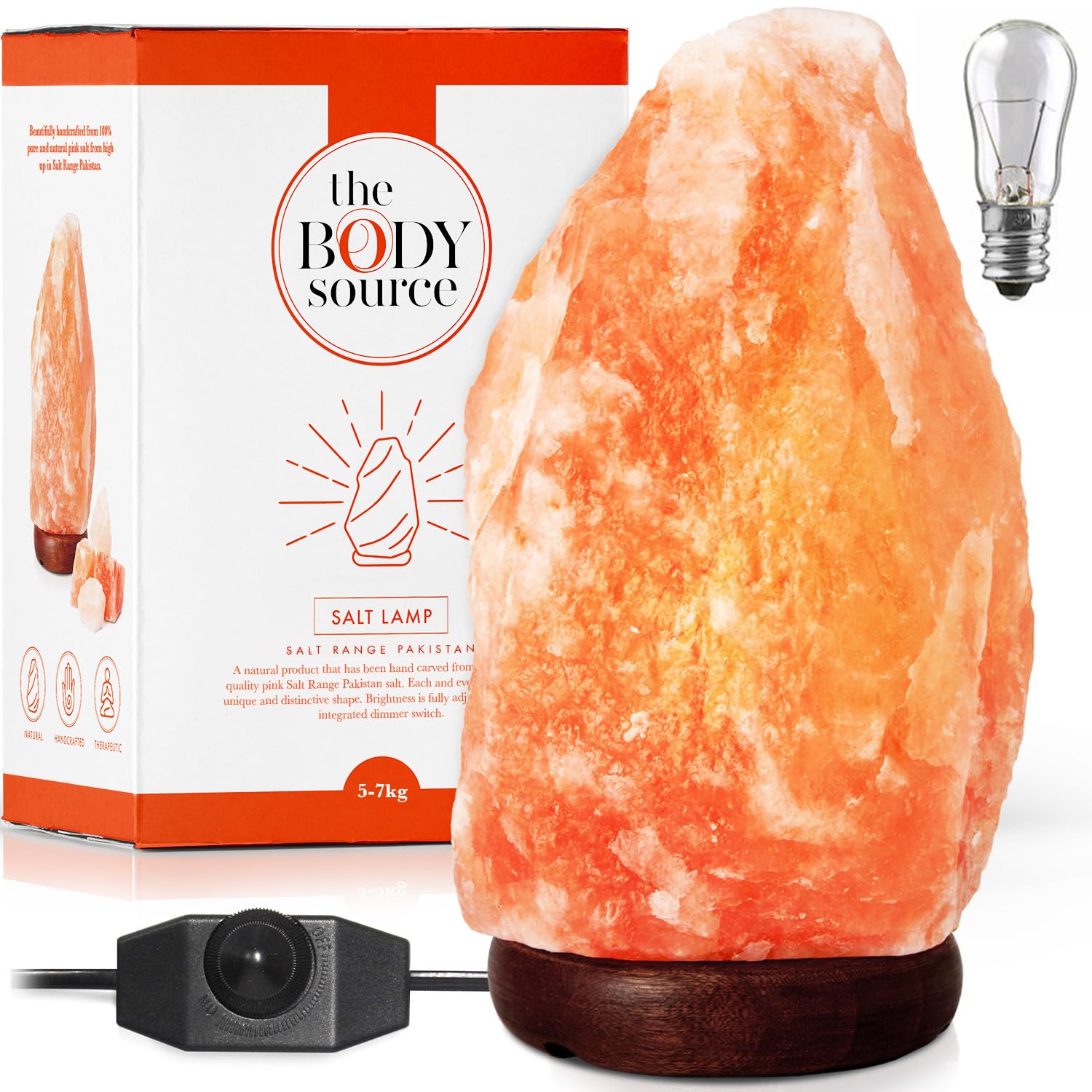 The Body Source Salzlampe 5-7 kg mit Dimmer und Holzständer – pinkfarbener Salzkristall, warmes Nachtlicht