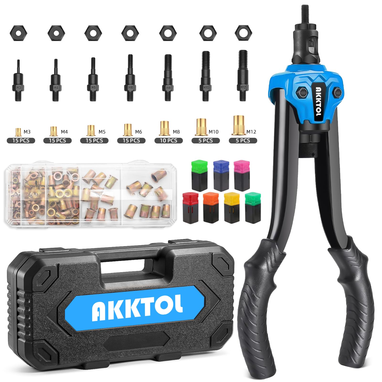 AKKTOL Nietmutternzange Set mit 80 Nietmuttern M3-M12 und Koffer, schwarz phosphatierter Stahl, gummierte Griffe