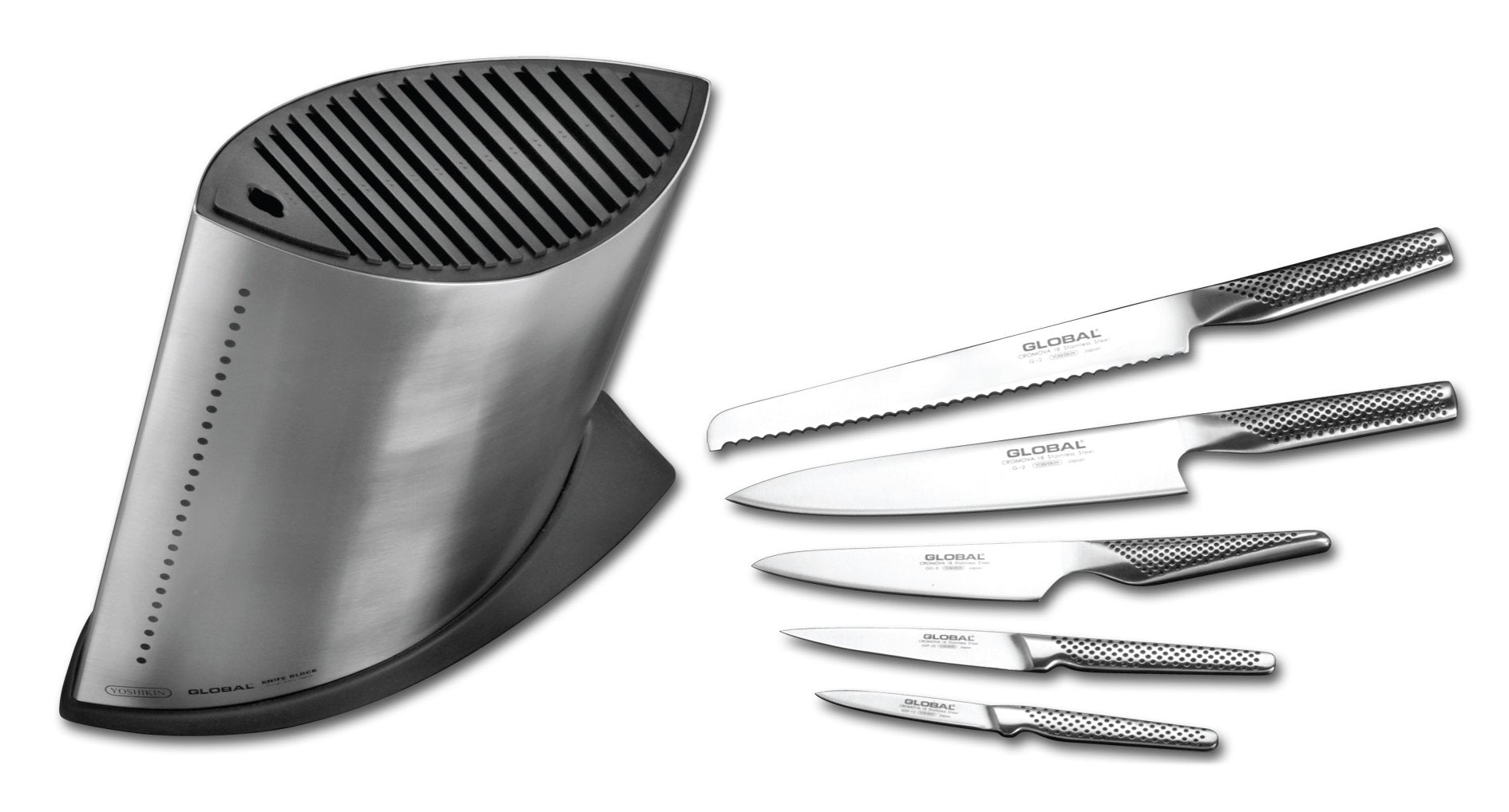 Global Set GKB-52/ST Messerblockset – 6-teiliges Set. Dunkler Block mit 5 Edelstahlmessern zur sicheren Aufbewahrung für Küchenmesser zum Schneiden.