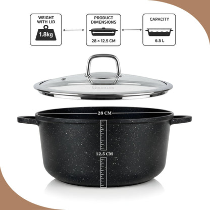 GOLDMANN Kochtopf Aluminiumguss, 28 cm, 6,5 L, Glasdeckel, Induktion