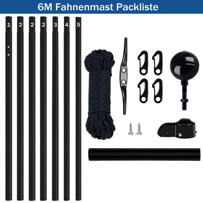 NQ Fahnenmast Set 6 m, Aluminium, höhenverstellbar, schwarz