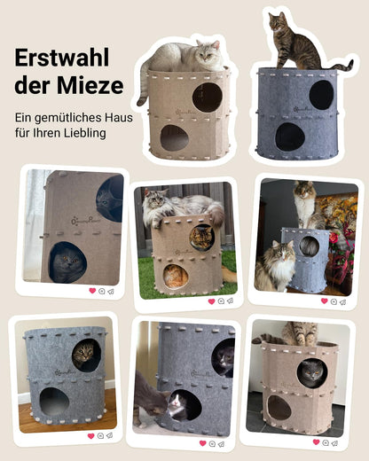 DownyPaws Katzenhöhle aus Filz, 2-stöckiges Katzenhaus, Beige