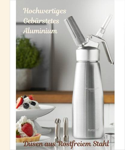 Runesol Sahnespender 500 ml aus Aluminium mit 3 Edelstahl-Düsen