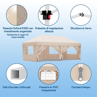 JUMMICO Faltpavillon 3x6m – Beige mit 6 Seitenwänden