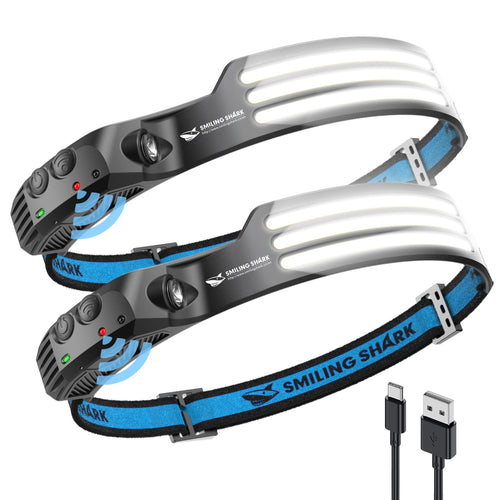 Smiling Shark Stirnlampe TD-0123-WH-2P, LED Kopflampe wiederaufladbar mit verstellbarem Stirnband und LED-Leuchtstreifen