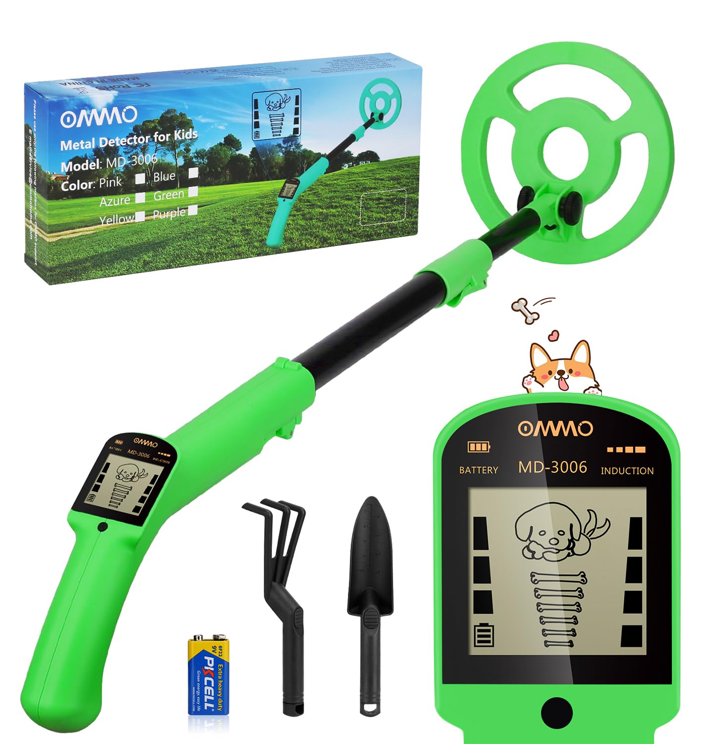 OMMO Metalldetektor Set für Kinder MD-3006, LCD-Display, Grün