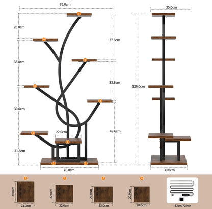 BACEKOLL Pflanzenständer mit Wachstumslicht - 8 Ebenen Blumenständer 126cm Metall Holz Pflanzenregal - Innen & Außen Blumentreppe - Dekoratives Schwarz Blumenregal für Innen Garten Balkon