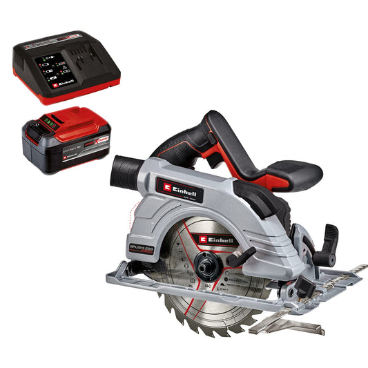 Einhell Akku-Handkreissäge TE-CS 18/190 Li BL – 190mm Set. Rote Akku-Kreissäge mit 190mm Sägeblatt für mobile Holzarbeiten.