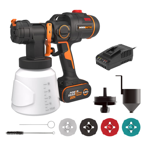 WORX WX020 Nitro Akku-Farbsprühsystem 20V mit Akku & Ladegerät: Schwarz-oranges Gerät mit Farbbehälter zum Farbauftrag.