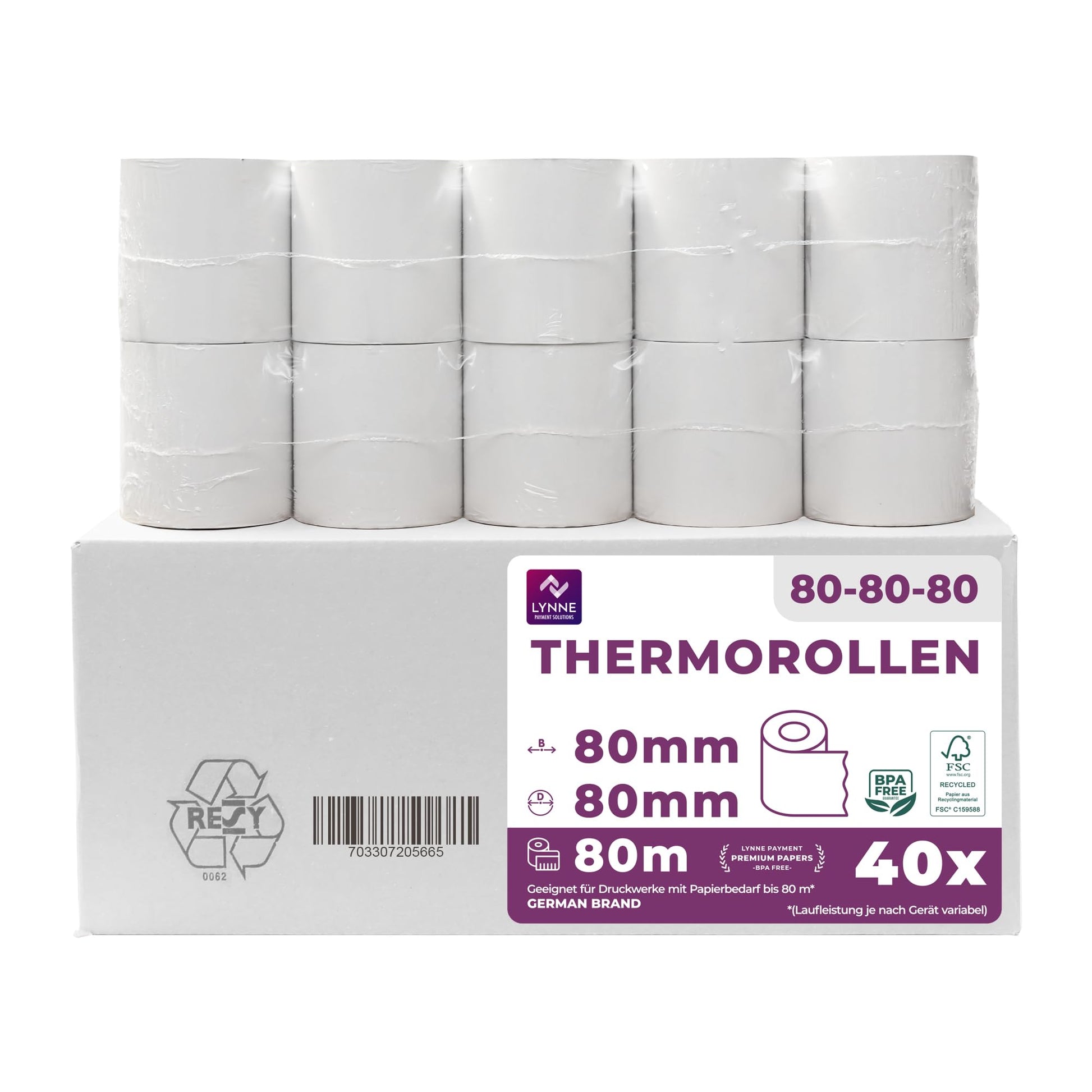 LYNNE PAYMENT SOLUTIONS Thermorollen 80 mm BPA-frei, 40 Rollen – weisse Thermopapierrollen für Thermo- und Bondrucker