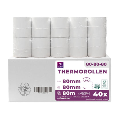LYNNE PAYMENT SOLUTIONS Thermorollen 80 mm BPA-frei, 40 Rollen – weisse Thermopapierrollen für Thermo- und Bondrucker