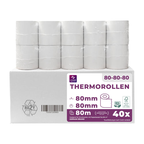 LYNNE PAYMENT SOLUTIONS Thermorollen 80 mm BPA-frei, 40 Rollen – weisse Thermopapierrollen für Thermo- und Bondrucker