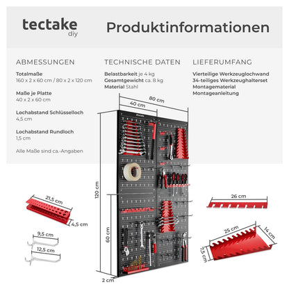 tectake Werkzeuglochwand aus Metall, 160 x 60 cm, inkl. Haken-Set