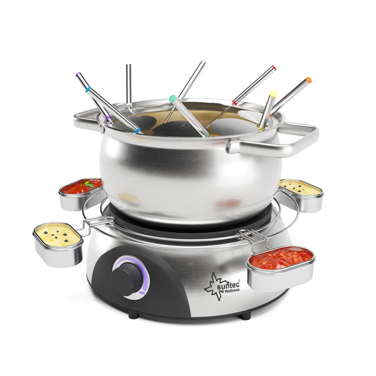 SUNTEC FON-8014 V2A Fondue-Set elektrisch Edelstahl für 8 Personen. Rundes Fondue aus V2A-Edelstahl zur elektrischen Zubereitung und Warmhaltung von Fondue.
