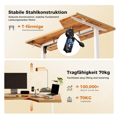 Agilestic Elektrischer Stehschreibtisch - L-förmig 140 cm Hellbraun